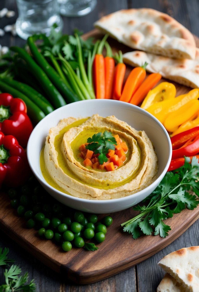 A rustic wooden board holds a bowl of creamy red pepper and garlic hummus surrounded by an array of colorful fresh vegetables and warm pita bread