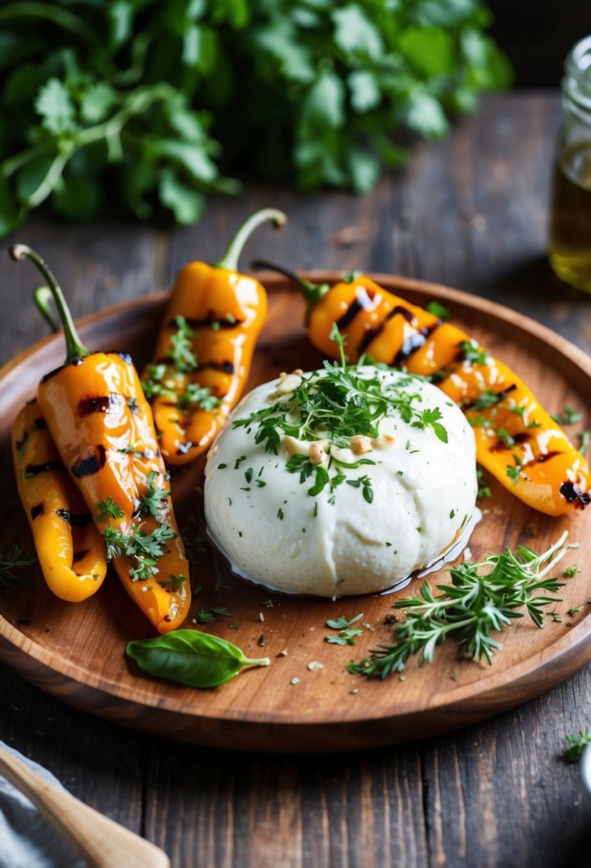 A rustic wooden platter holds grilled marinated peppers alongside creamy burrata, garnished with fresh herbs