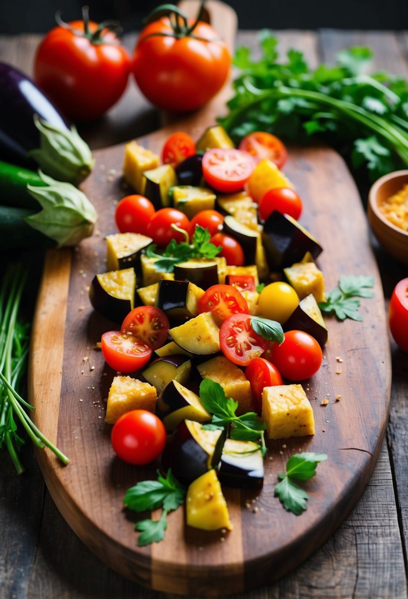 A colorful array of diced eggplant, tomatoes, and other fresh ingredients arranged on a rustic wooden cutting board