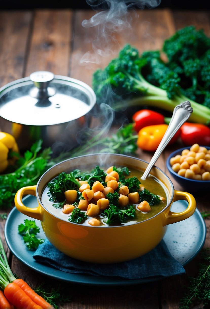 A steaming pot of chickpea and kale stew surrounded by colorful vegetables and herbs, set on a rustic wooden table