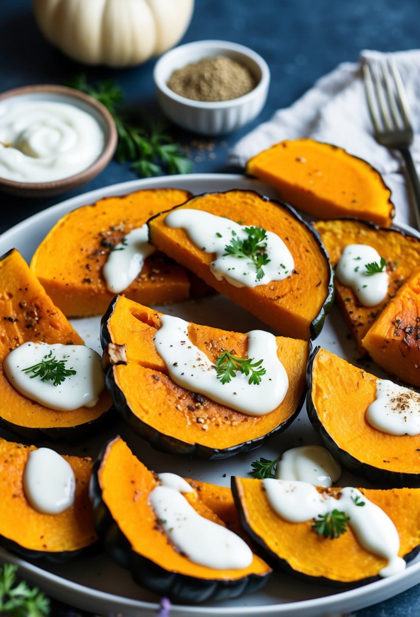 A platter of roasted pumpkin slices drizzled with yogurt sauce, garnished with fresh herbs and spices