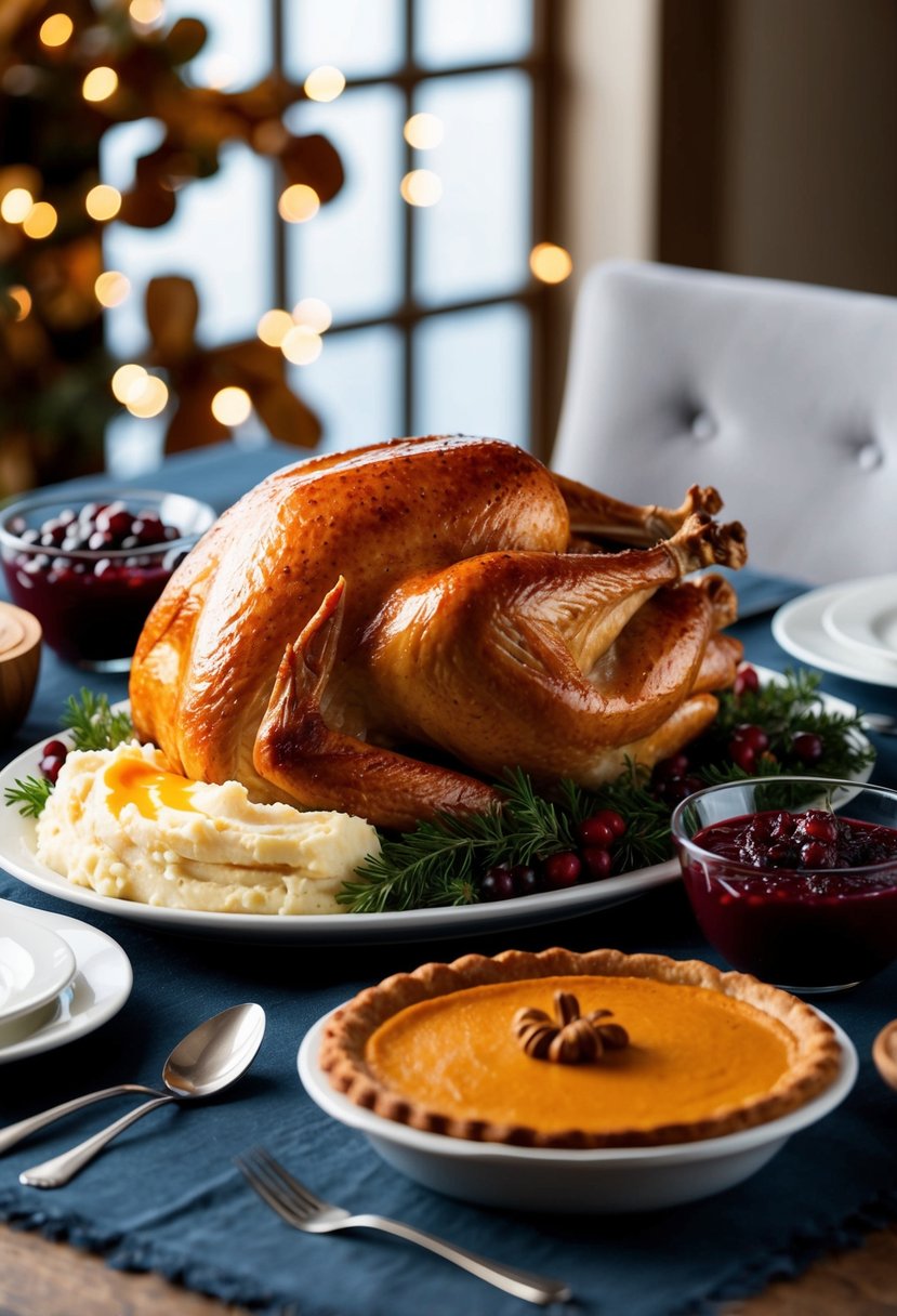 A table set with a roasted turkey, mashed potatoes, cranberry sauce, and pumpkin pie