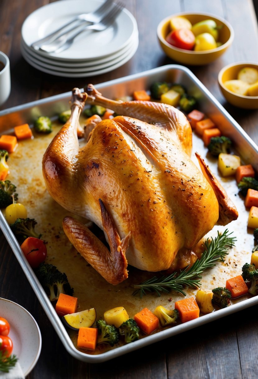 A golden-brown turkey breast roasting on a sheet pan surrounded by colorful roasted vegetables