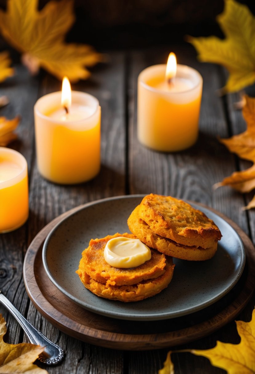 A rustic wooden table set with warm sweet potato biscuits and a dollop of honey butter, surrounded by autumn leaves and a cozy candlelit ambiance