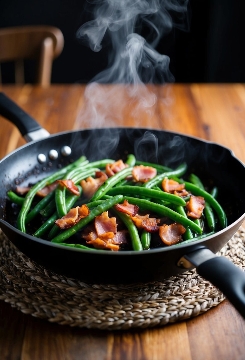 A skillet sizzling with crisp bacon and vibrant green beans, steam rising as they cook for a quick and easy Thanksgiving dinner