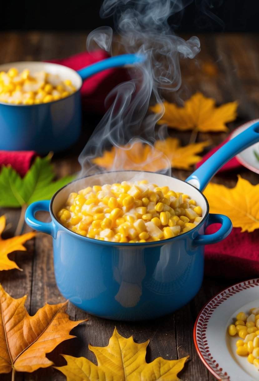 A steaming pot of creamed corn surrounded by autumn leaves and a festive table setting