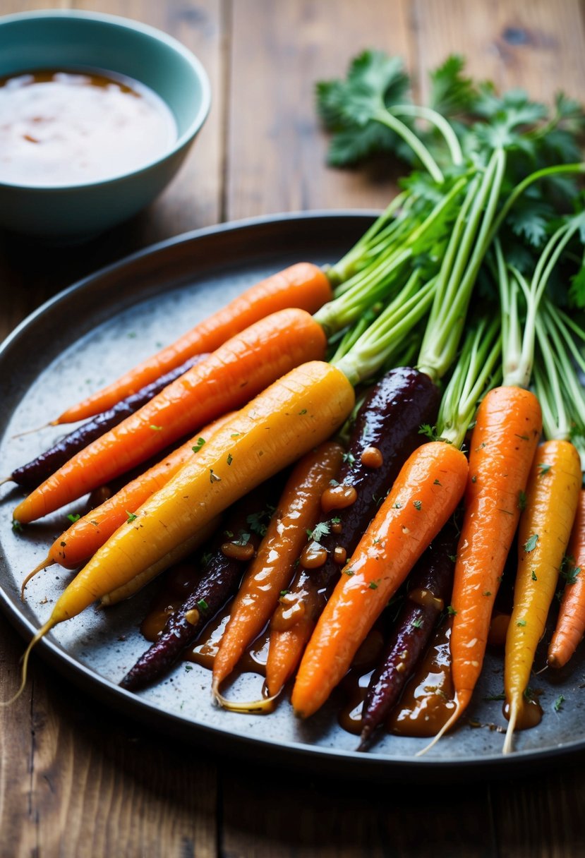 A colorful array of carrots, glazed with a sweet and tangy sauce, arranged on a rustic serving platter