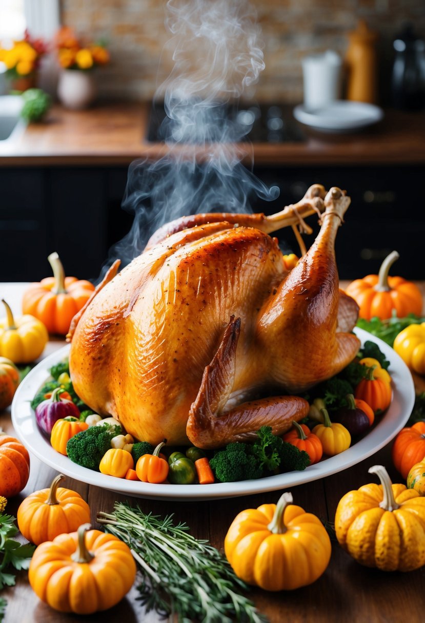 A golden-brown roast turkey sits on a platter surrounded by colorful fall vegetables and herbs, steaming and ready to be served for Thanksgiving dinner