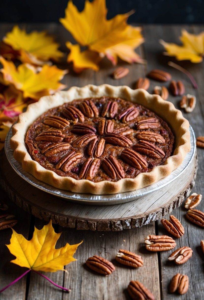 A pecan pie cooling on a rustic wooden table, surrounded by autumn leaves and a scattering of pecans