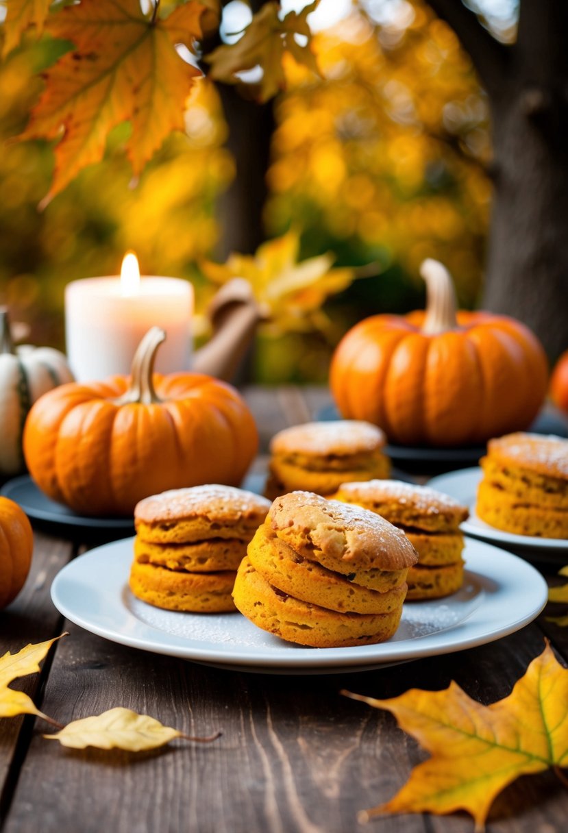 A table set with freshly baked pumpkin scones, surrounded by autumn leaves and a warm, cozy atmosphere