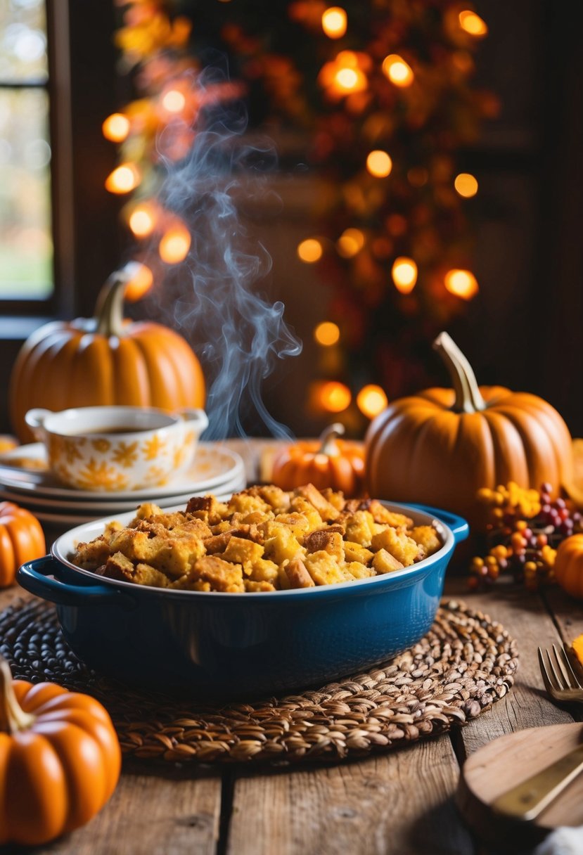 A rustic kitchen table set with a steaming dish of cornbread stuffing, surrounded by autumn-themed decor and warm lighting