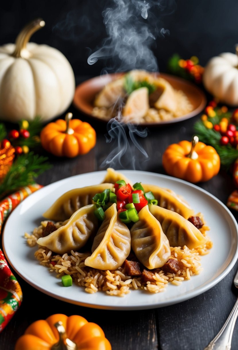 A steaming plate of bulgogi dumplings and rice, surrounded by festive Thanksgiving decor