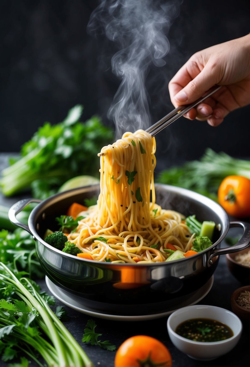 A steaming pot of noodles, surrounded by fresh vegetables and aromatic herbs, ready to be tossed in a savory sauce