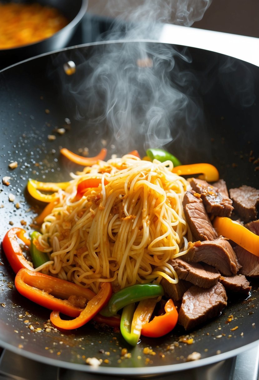 A steaming wok sizzles with flat rice noodles, vibrant bell peppers, and tender slices of beef, all tossed in a fragrant, spicy sauce