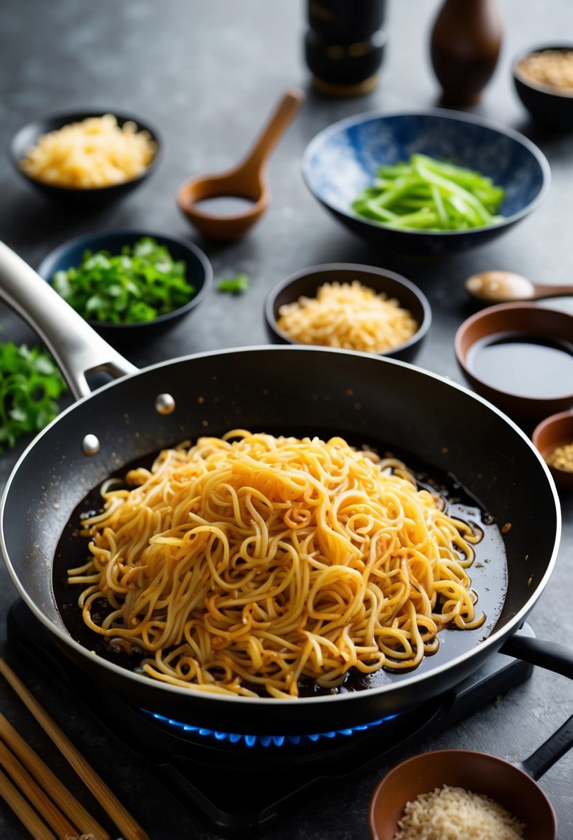 A sizzling pan of noodles frying in soy sauce, surrounded by various ingredients and cooking utensils