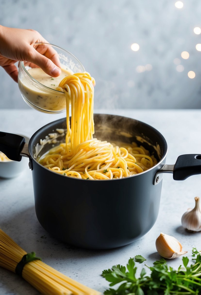 A pot of boiling noodles, creamy sauce being stirred in, garlic cloves and herbs scattered nearby