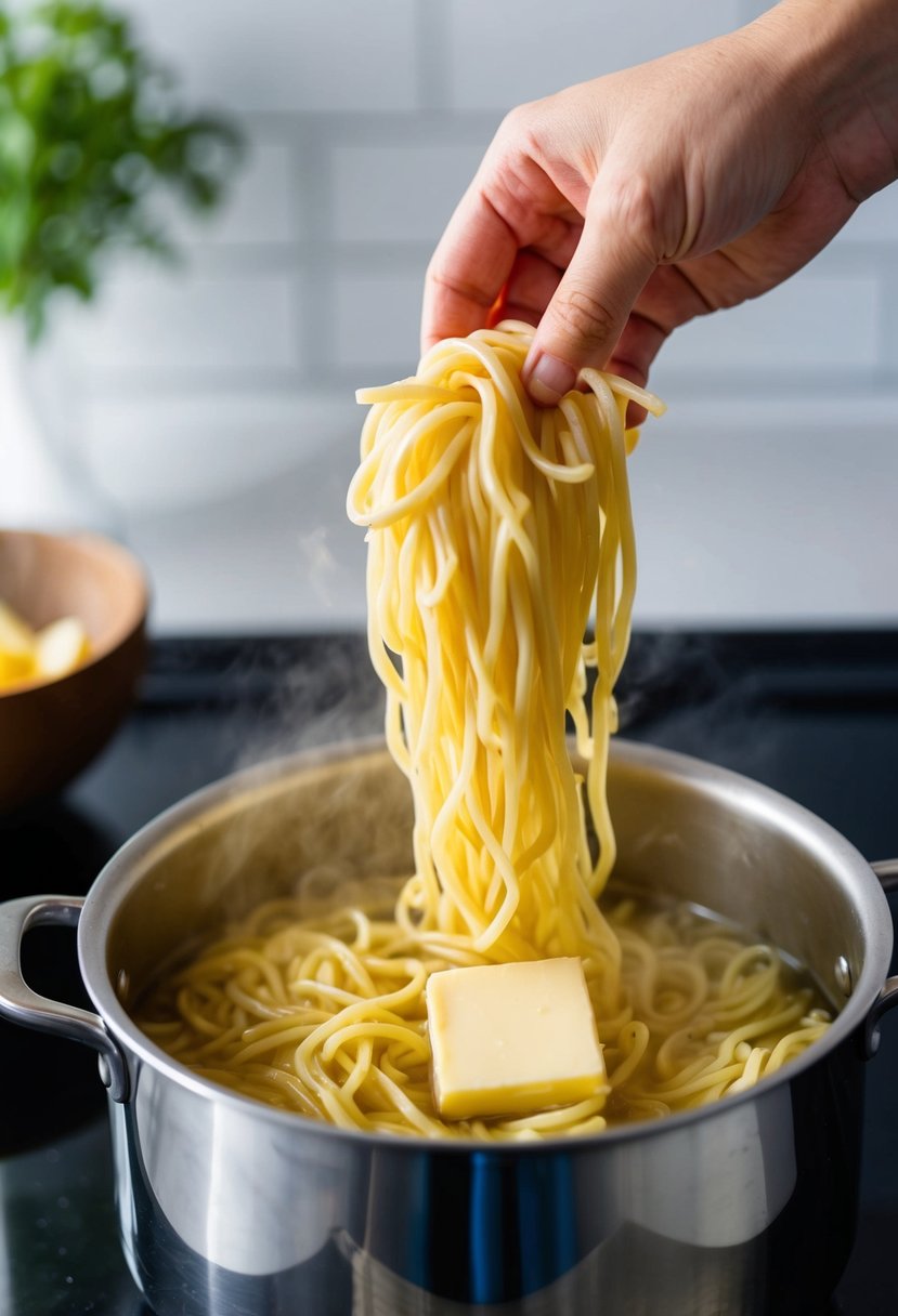 A pot of boiling noodles being drained and tossed with butter