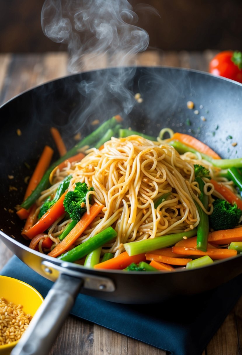 A steaming wok filled with colorful vegetables, tender noodles, and savory sauce, ready to be tossed together for a quick and delicious 15-minute Lo Mein dish