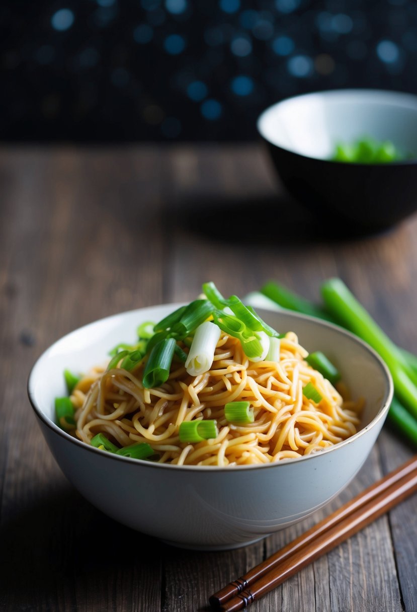 A bowl of sesame noodles topped with sliced scallions, chopsticks resting beside it