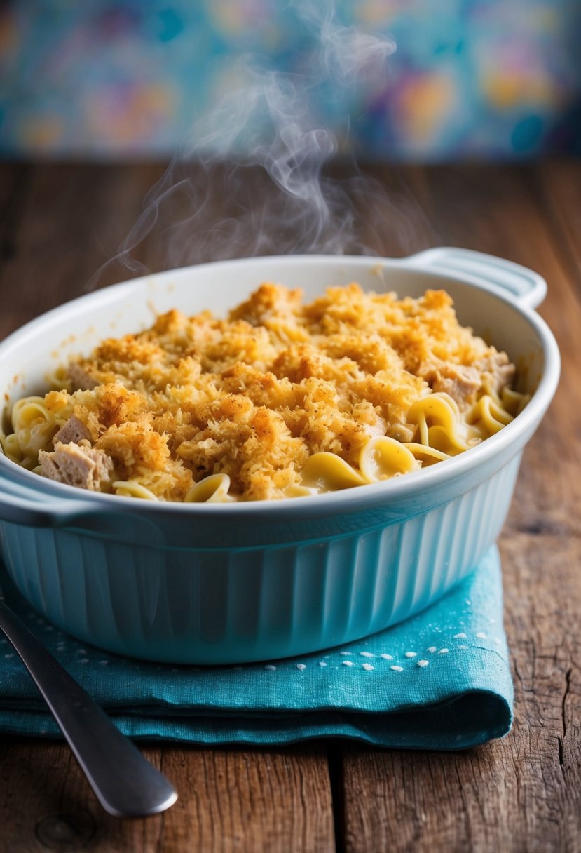 A steaming casserole dish filled with creamy tuna and egg noodle mixture, topped with a golden breadcrumb crust, sitting on a rustic wooden table