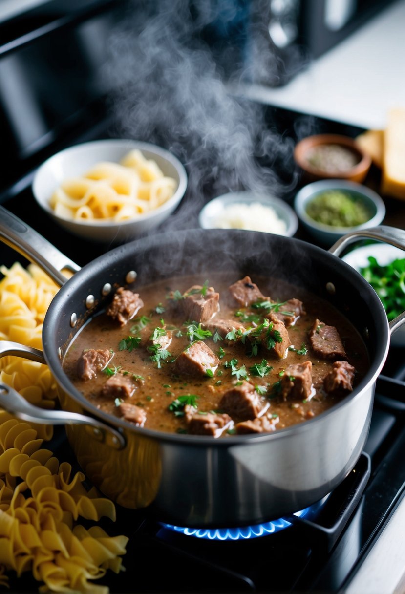 A steaming pot of beef stroganoff simmering on the stove, surrounded by fresh egg noodles and a variety of herbs and spices