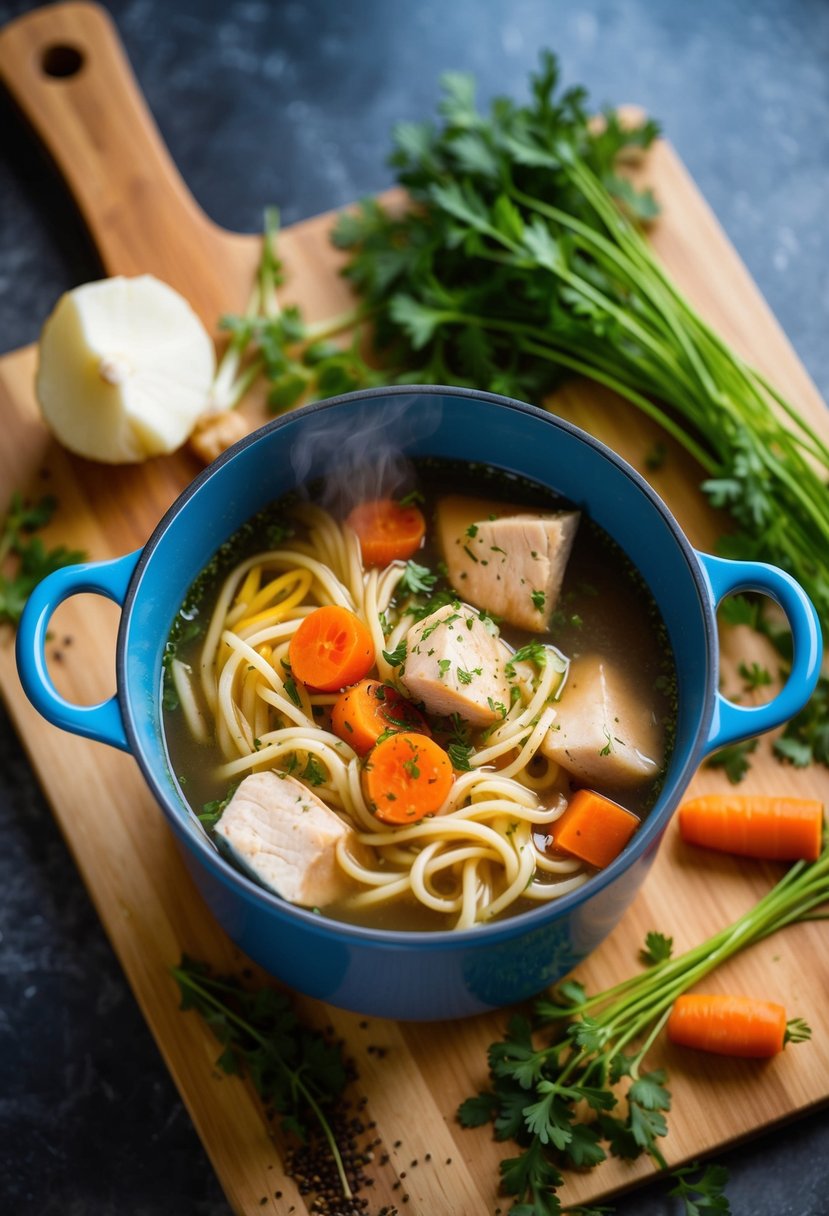 A pot of boiling broth with noodles, carrots, and chunks of chicken, surrounded by fresh herbs and spices on a wooden cutting board