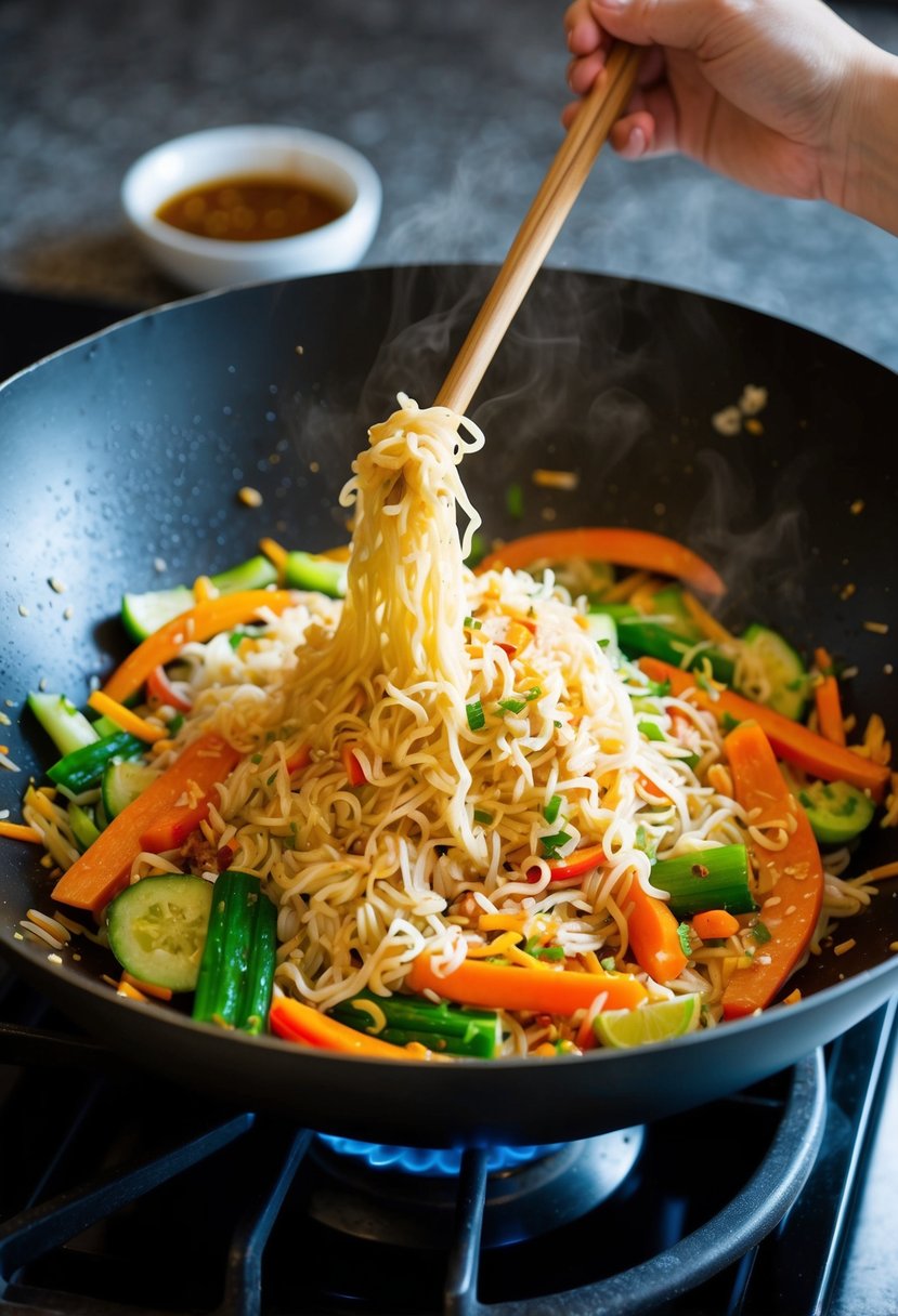 A wok sizzling with rice noodles, colorful vegetables, and savory sauce being tossed together over a hot stove