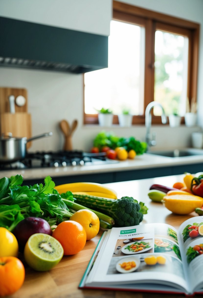 A kitchen counter with colorful fruits, vegetables, and lean proteins. A cookbook open to a page with healthy recipes