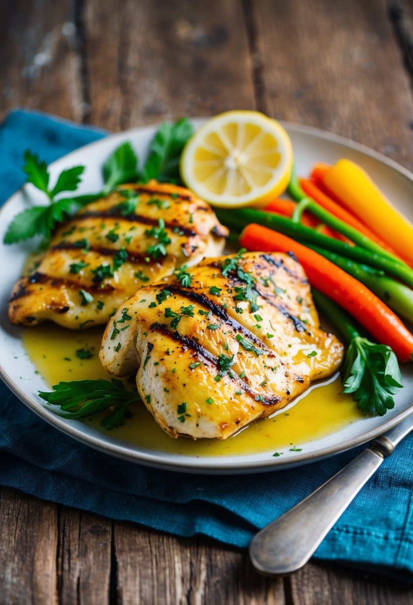 A plate of grilled lemon herb chicken with colorful vegetables on a rustic wooden table