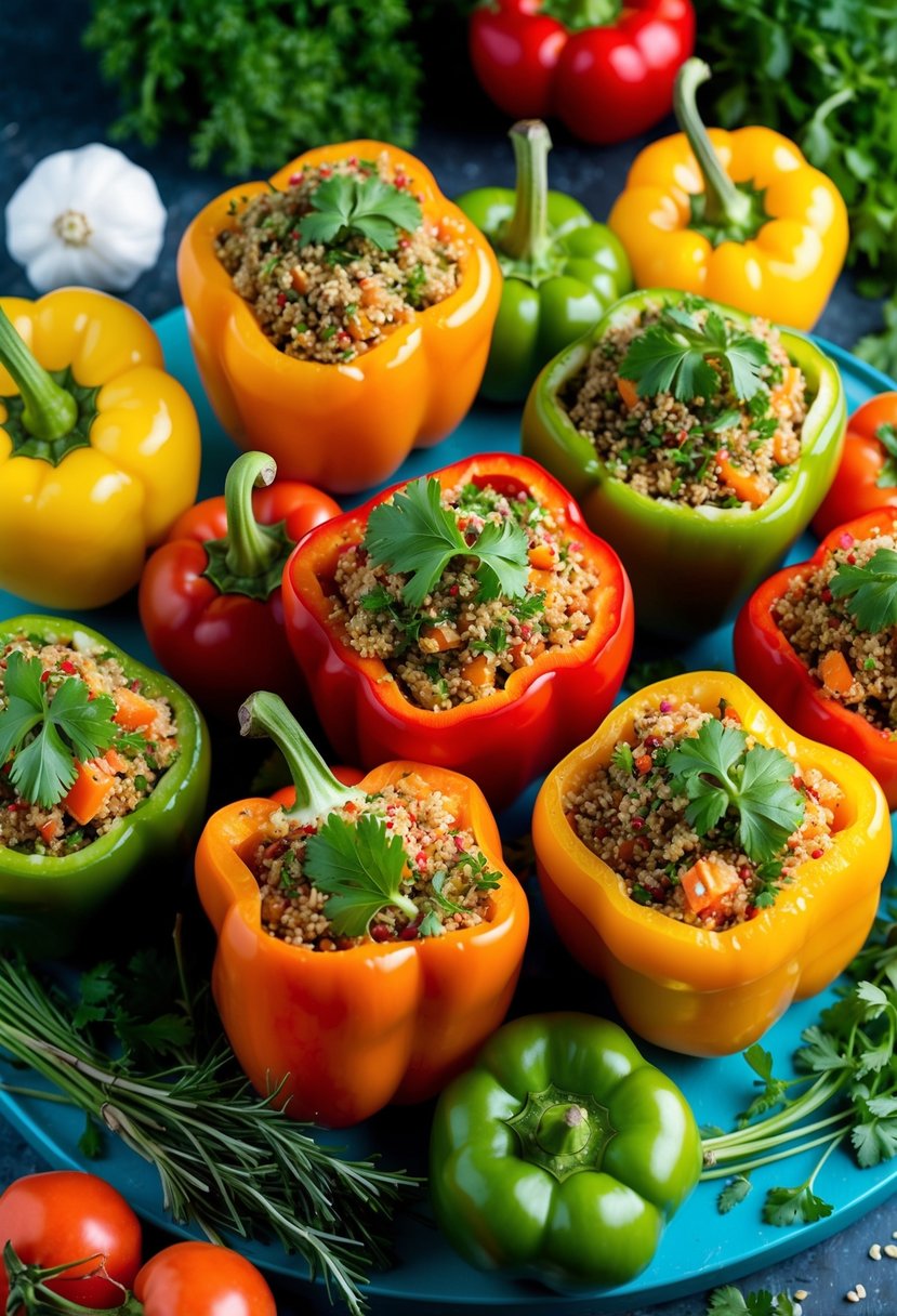 A colorful array of bell peppers stuffed with quinoa, surrounded by fresh herbs and vibrant vegetables