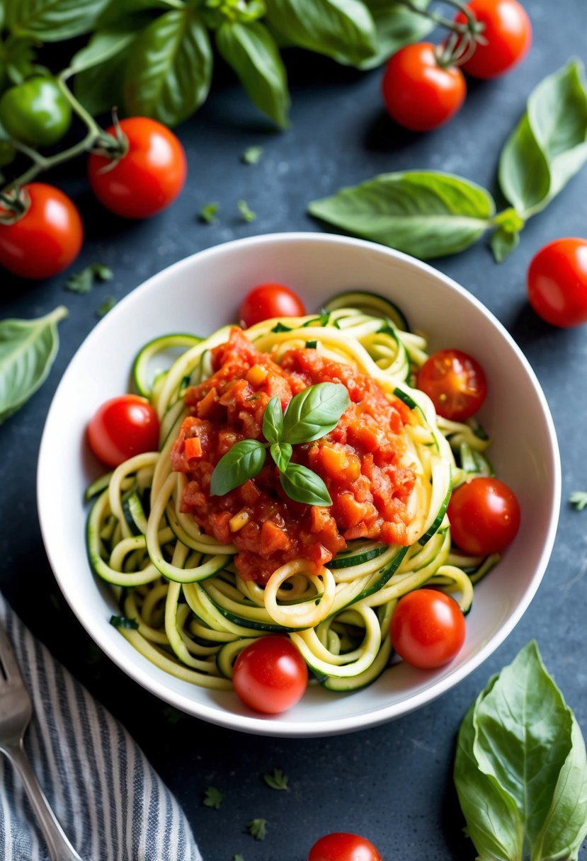 A bowl of zucchini noodles topped with marinara sauce, surrounded by fresh basil leaves and cherry tomatoes