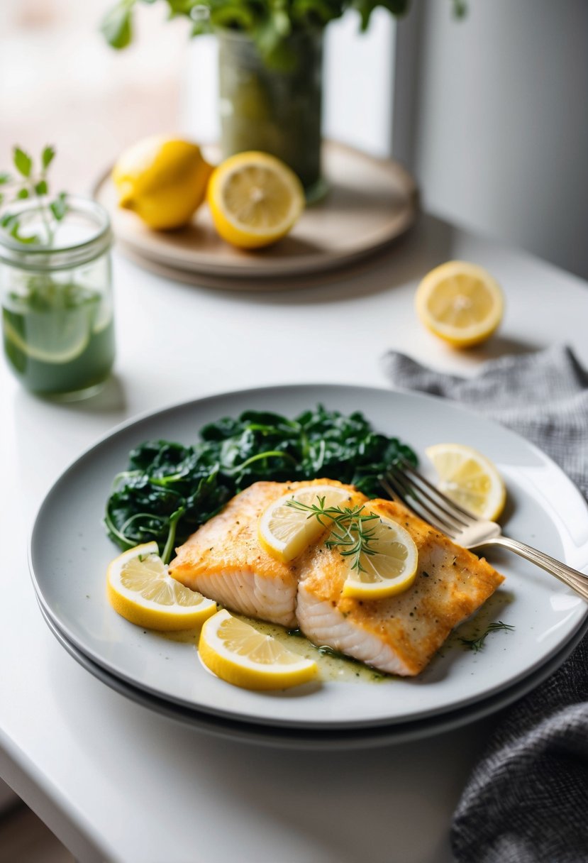 A plate of baked tilapia with a side of sautéed spinach, garnished with lemon slices and fresh herbs, set on a white table