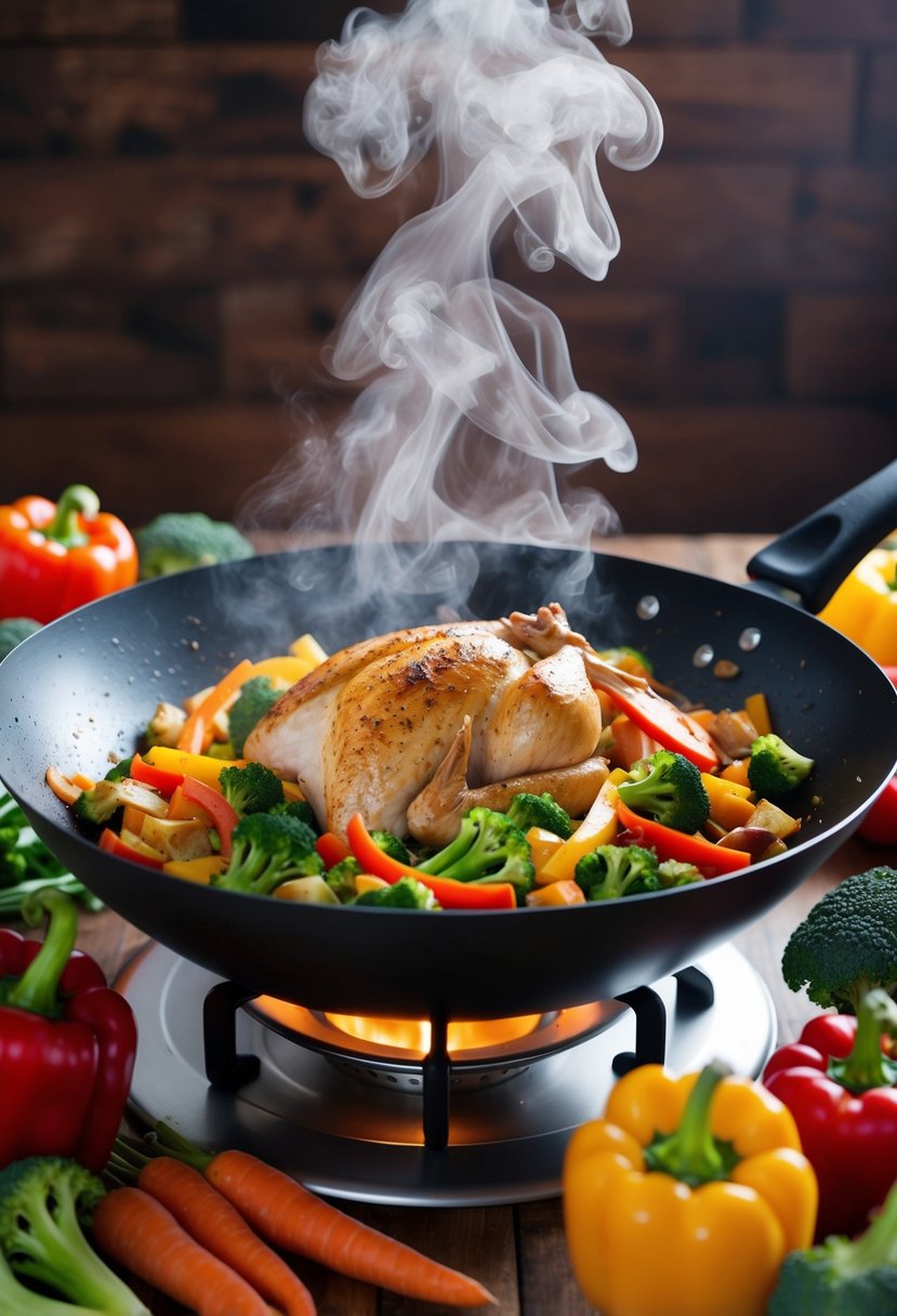 A sizzling wok filled with colorful turkey and vegetable stir-fry, steam rising, surrounded by fresh ingredients like bell peppers, broccoli, and carrots