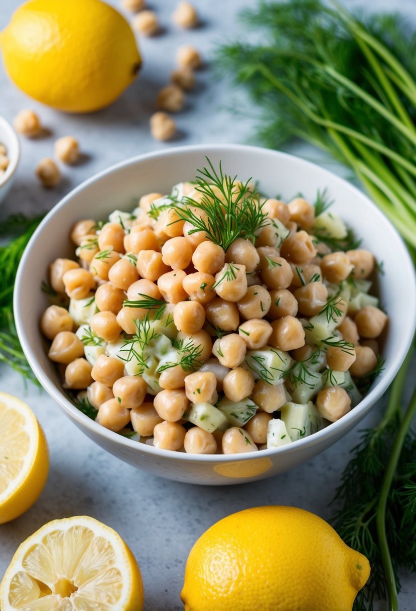 A bowl of chickpea salad with lemon and dill, surrounded by fresh ingredients like chickpeas, lemons, and dill sprigs