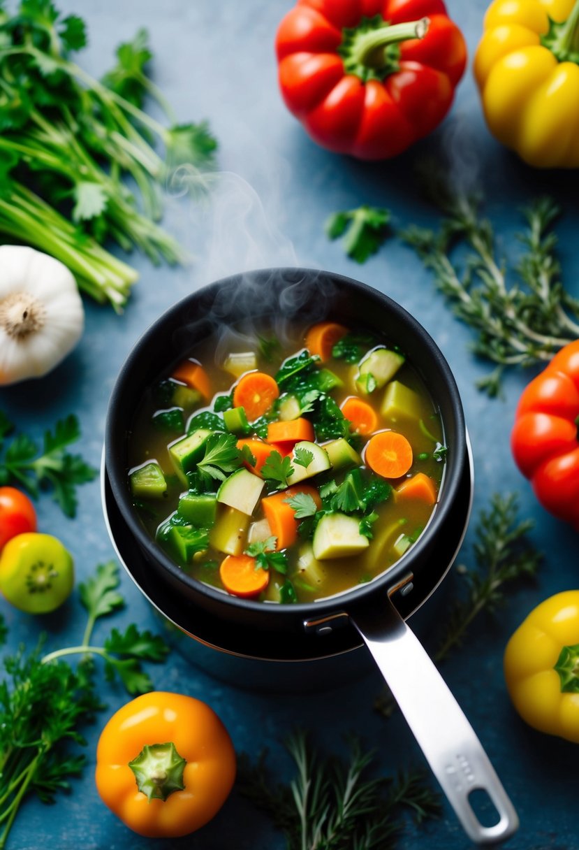 A steaming pot of low-fat vegetable soup surrounded by fresh, colorful vegetables and herbs