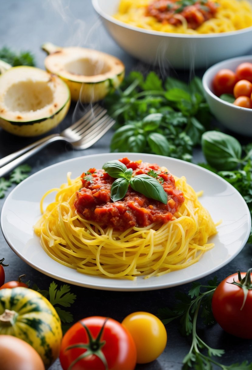 A steaming plate of spaghetti squash topped with vibrant tomato basil sauce, surrounded by fresh herbs and colorful vegetables