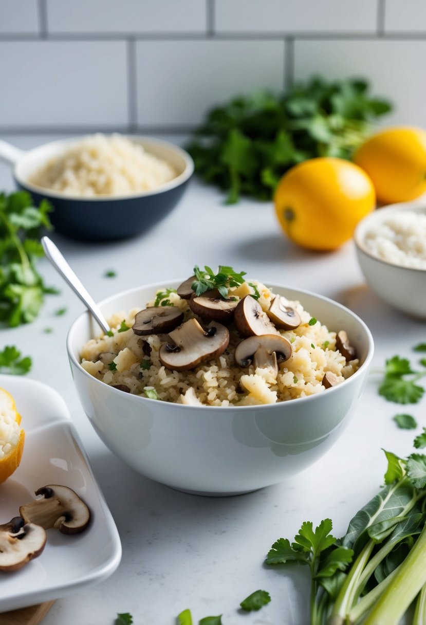 A bowl of mushroom cauliflower rice surrounded by fresh ingredients on a clean, white kitchen counter