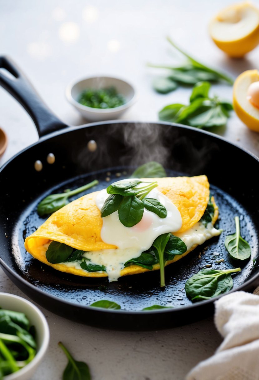 A sizzling skillet with a fluffy egg white omelet filled with vibrant green spinach, surrounded by fresh ingredients and a light, airy ambiance