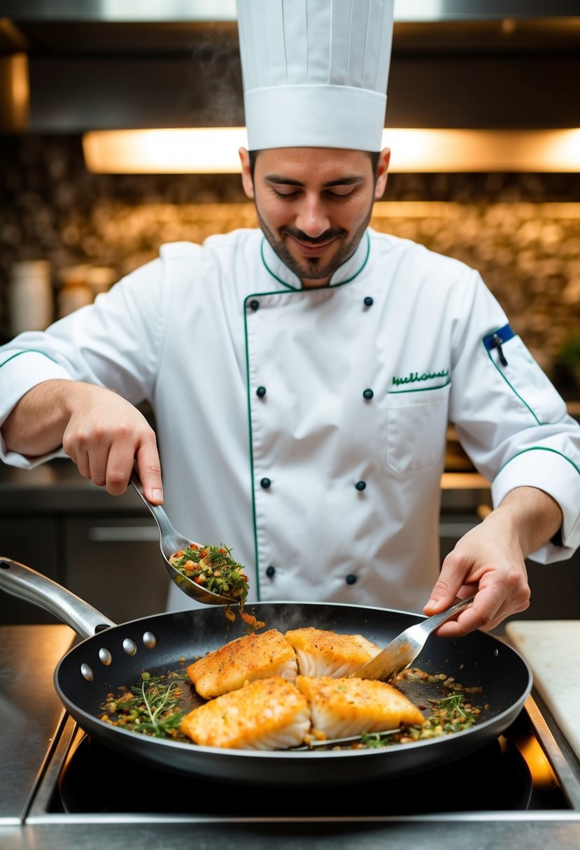 A chef effortlessly cooks crispy cod fish in a sizzling pan with a medley of aromatic herbs and spices