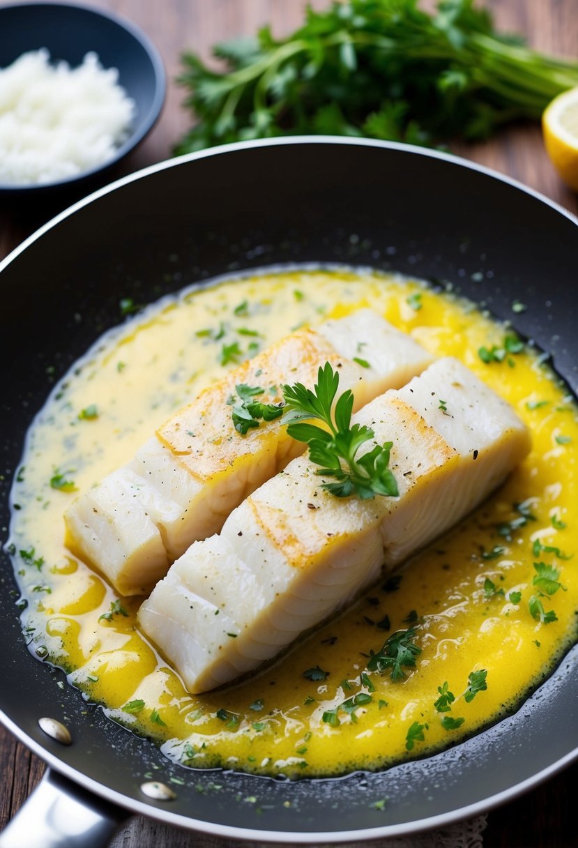 A sizzling cod fillet in a hot pan, surrounded by bubbling lemon butter sauce and fresh herbs