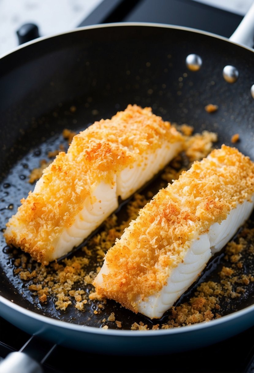 Golden-brown cod fillets coated in crispy panko crumbs, sizzling in a hot frying pan