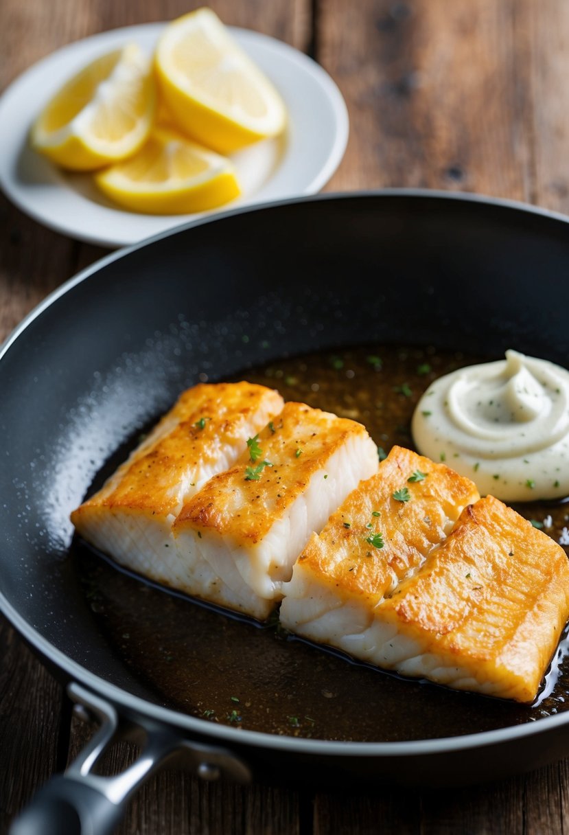 A golden-brown cod fillet sizzling in a pan, with a dollop of creamy tartar sauce on the side