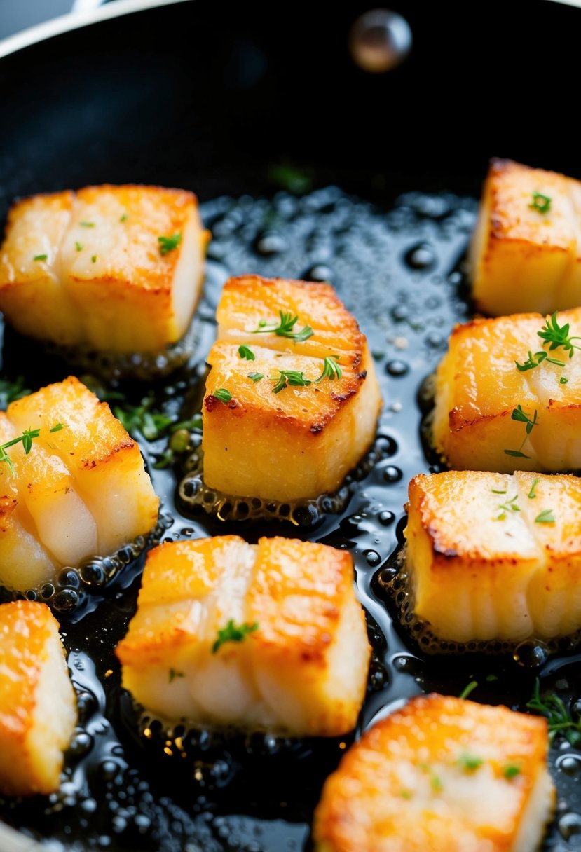 Golden-brown cod bites sizzling in a hot frying pan, surrounded by bubbling oil and a sprinkle of herbs