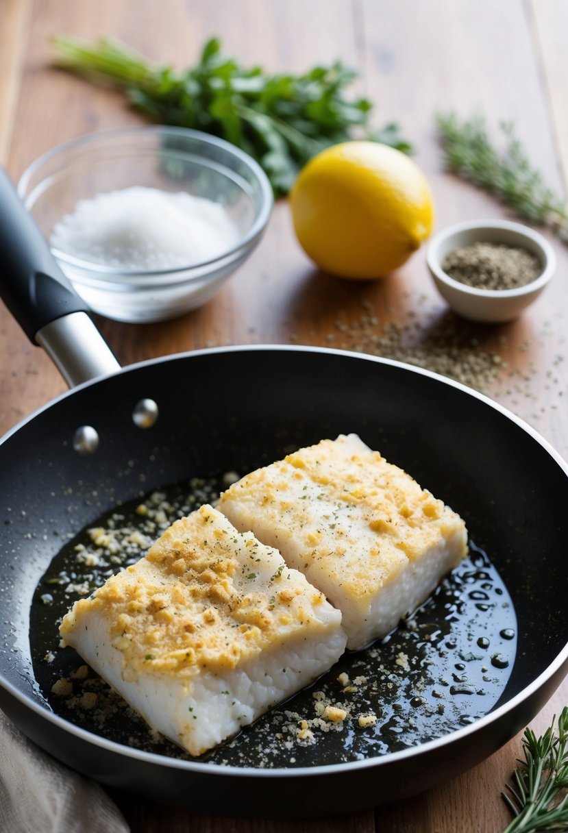 A piece of cod fish coated in seasoned flour sizzling in a hot pan, surrounded by ingredients like salt, pepper, and herbs