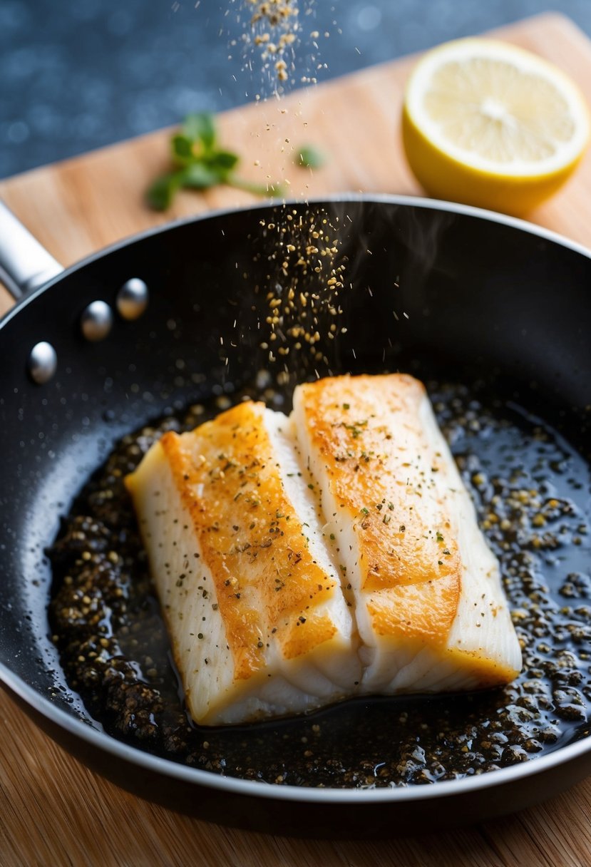 A golden-brown cod fillet sizzling in a skillet with a sprinkle of lemon pepper seasoning