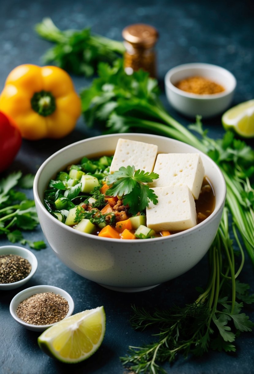 A bowl of soft tofu surrounded by fresh vegetables and herbs, with a variety of seasonings and condiments nearby