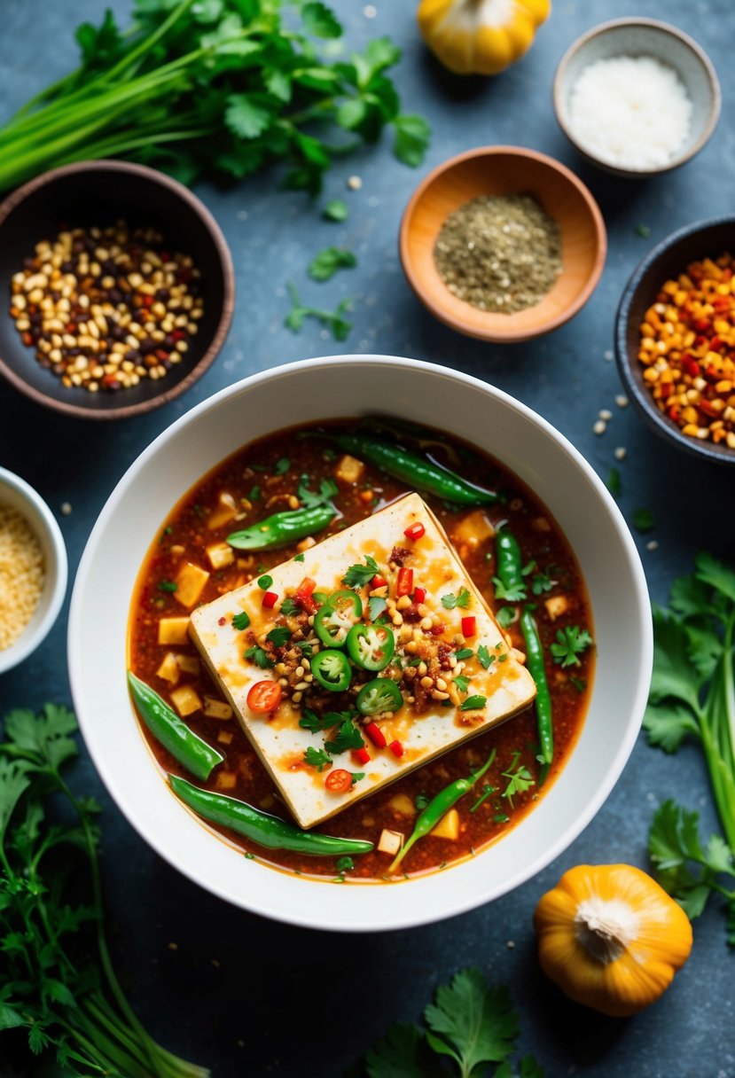 A bowl of chili garlic silken tofu surrounded by vibrant herbs and spices