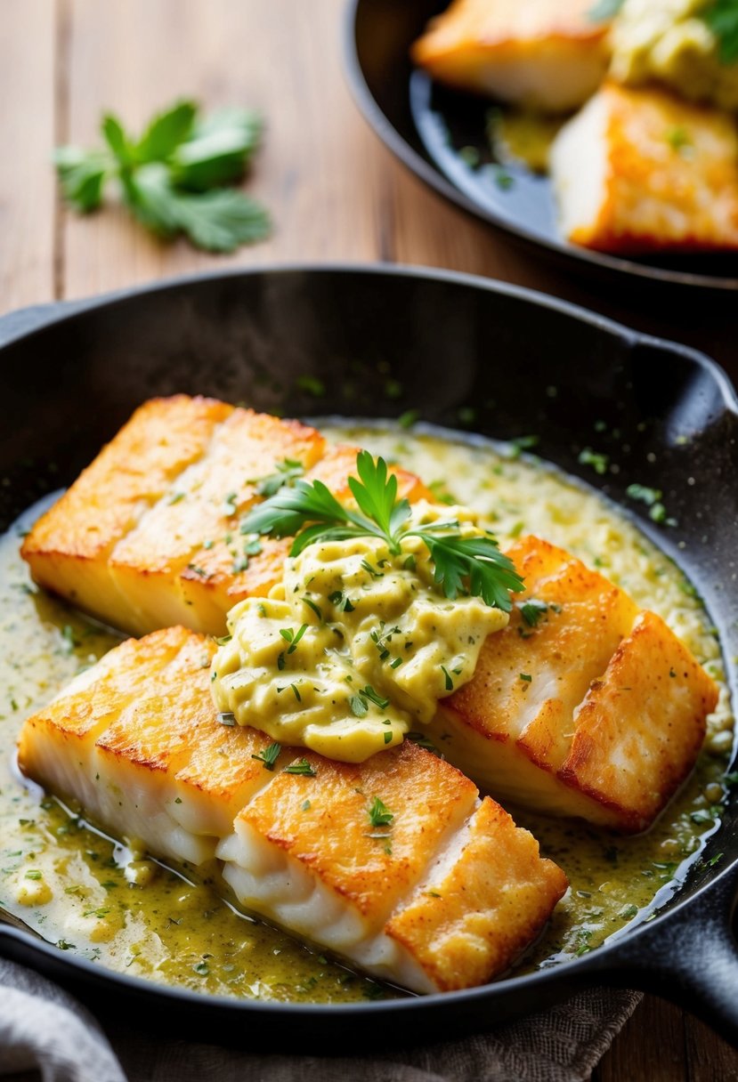 A skillet sizzles with golden-brown cod fillets, topped with a fragrant garlic herb butter sauce