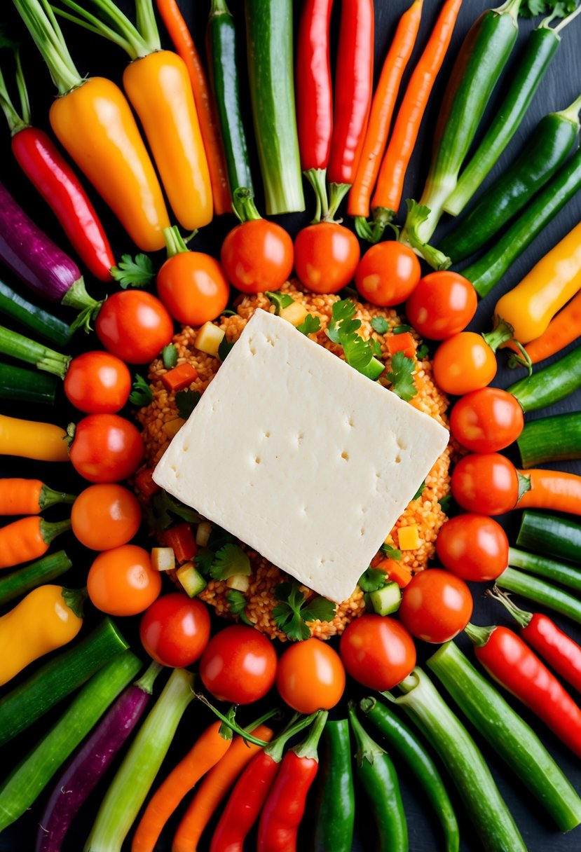 A colorful array of spicy vegetables surrounds a delicate block of silken tofu, evoking a sense of freshness and vibrancy