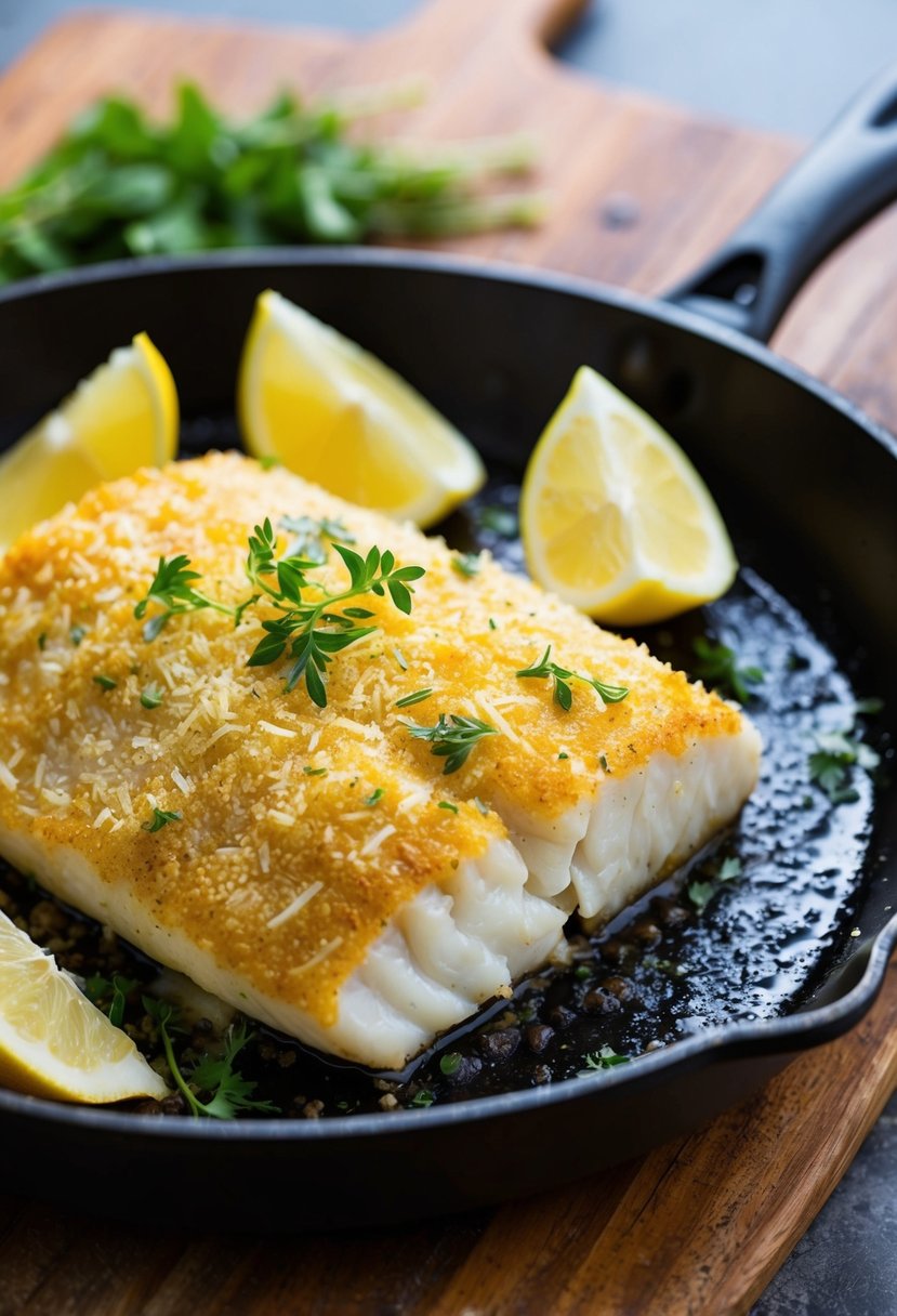 A golden-brown cod fillet coated in parmesan sits on a sizzling skillet. Lemon wedges and fresh herbs garnish the dish